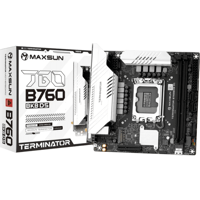 MAXSUN MS-Terminator B760BKB D5 WIFI (Socket 1700, mATX, 2*DDR5(96Gb), DP/HDMI, 2*SATA3, 4*M.2, 1xPCI-Ex16/1*PCIEx4, 4*USB 2.0, 4*USB 3.2 5G, LAN 1*2.5G,  BT, Wi-Fi 6E, RTL)