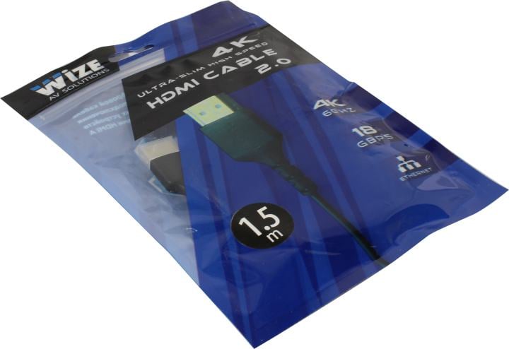 Кабель HDMI Wize [WAVC-HDMIUS-1.5M] 1.5 м, v.2.0, 19M/19M, 4K/60 Hz 4:4:4, 36 AWG, HDCP 2.2,ультратонкий, позол.разъемы, черный, пакет
