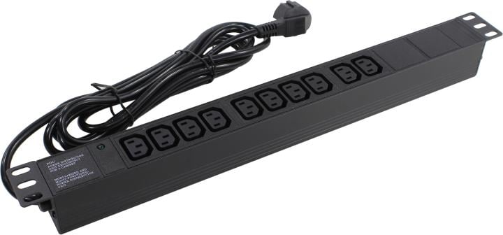 Блок розеток горизонтальный ExeGate ServerPro PDU-19H005 Al-10C13-EU3, 19", 1U, Алюминий, 10 IEC 320 C13, кабель с евровилкой VDE-250V-16A-3*1.5мм2, 3 метра, черный