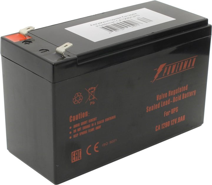 Батарея POWERMAN Battery CA1290, напряжение 12В, емкость 9Ач,макс. ток разряда 135А, макс. ток заряда 2.7А, свинцово-кислотная типа AGM, тип клемм F2, Д/Ш/В 151/65/94, 2.51 кг./ Battery POWERMAN Battery CA1290, voltage 12V, capacity 9Ah, max. discharge cu