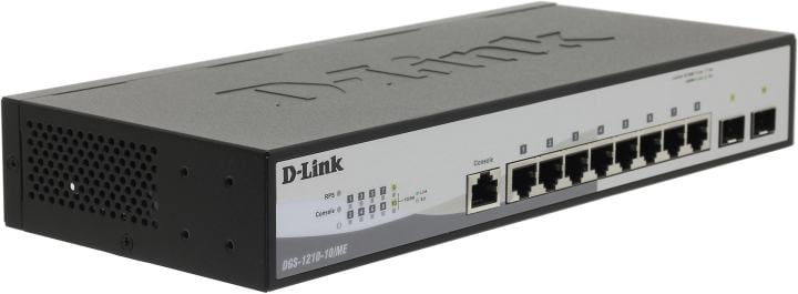 Коммутатор D-Link Управляемый L2 коммутатор, 8x1000Base-T, 2x1000Base-X SFP, защита от статического электричества до 6 кВ, CLI, консольный порт RJ-45, RPS, поддержка Dying Gasp