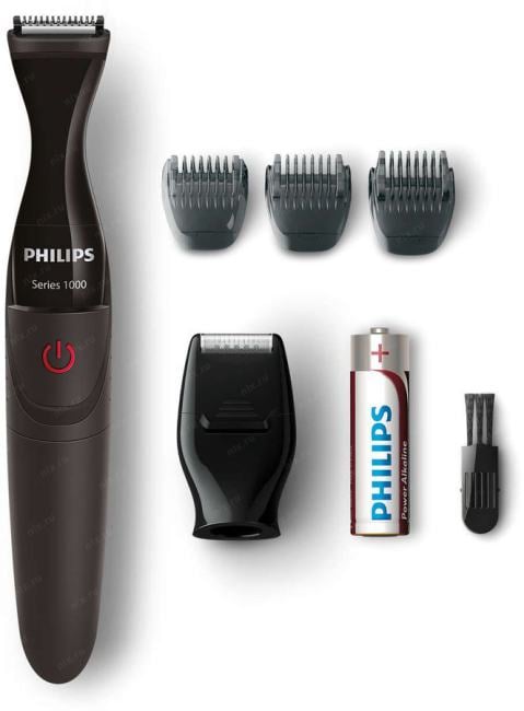 PHILIPS MG1100/16 Компактный триммер для бороды, работа от батареек,3 гребня (1-3-5мм), насадка-бритва, черный.