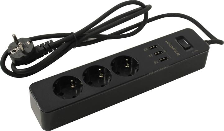 Удлинитель HARPER <UCH-315 Black> <1.5м> (3 розетки + 3 USB)