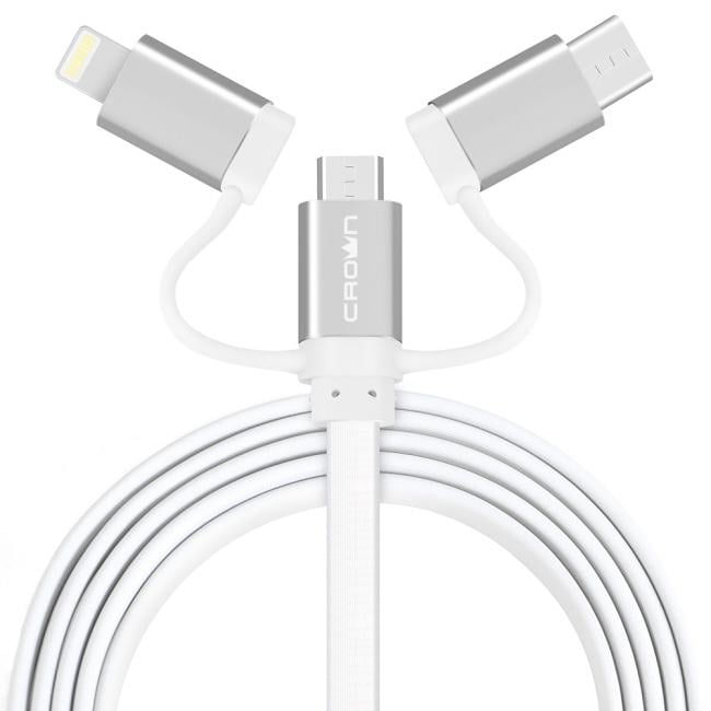 Кабель Crown USB -microUSB/USB Type-C/Lightning CMCU-3182 white; плоский; в оплётке ПВХ; коннекторы Метал; ток 2А; 100
