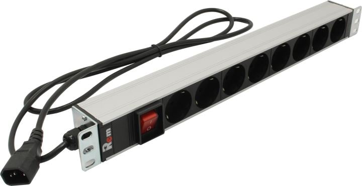 REM Блок розеток Rem-10 с выкл., 8 Schuko, 10 A, алюм., 19", шнур 1.8 м. 1,8 IEC 60320 C14 (R-10-8S-V-440-1.8)