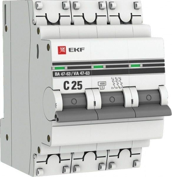 EKF mcb4763-3-25C-pro Выкл. авт трехполюсный 25А С ВА47-63 4.5кА PROxima (mcb4763-3-25C-pro)