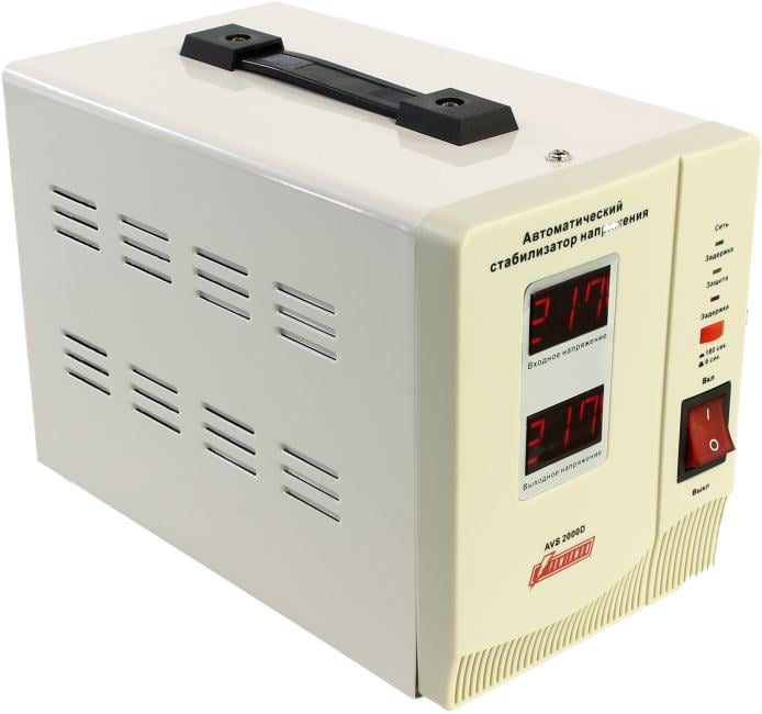 Стабилизатор POWERMAN AVS 2000D, ступенчатый регулятор, цифровые индикаторы уровней напряжения, 2000ВА, 140-260В, максимальный входной ток 12А, 2 евророзетки, IP-20, напольный, 200мм х 160мм х 190мм, 4.9 кг./ Stabilizer POWERMAN AVS 2000D, step-type regul