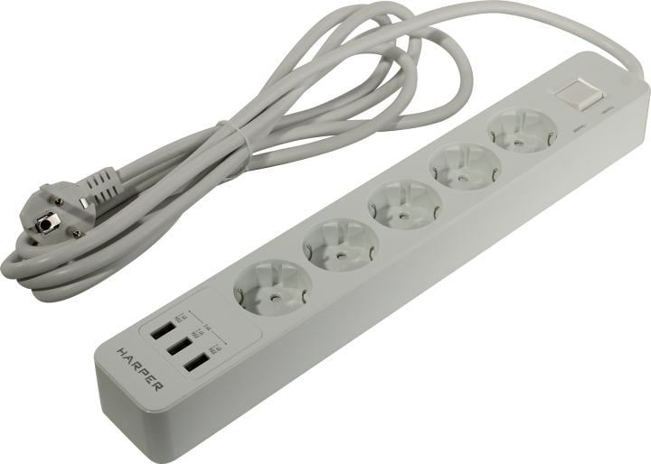 Harper Сетевой фильтр с USB зарядкой UCH-560 White (5 роз.,3м.,3 x USB 2.4A (max 3.4A), 4000W) {H00003014}