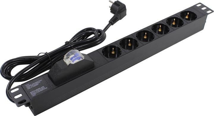 Блок розеток горизонтальный ExeGate ServerPro PDU-19H610 Al-6S-EU2.5-1P, 19", 1U, Алюминий, 6 Schuko, кабель с евровилкой VDE-250V-16A-3*1.5мм2, 2.5 метра, защита от перегрузки, черный