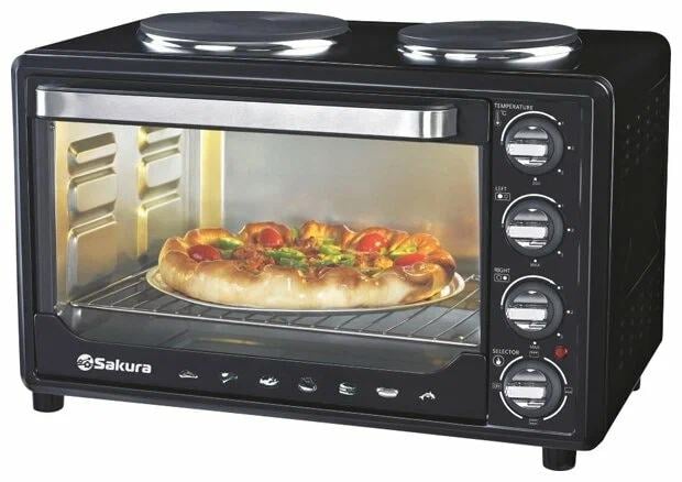 Мини-печь Sakura SA-7001HBK 35л, 3200Вт, духовка 1600Вт, конфорки 185мм+155мм (1000Вт+600Вт), механ.управление, 3 режима работы духовки (верх, низ, верх+низ), раздельная регулировка температуры духовки и конфорок, комплектация - металлическая решетка, противень и ухват. чёрны