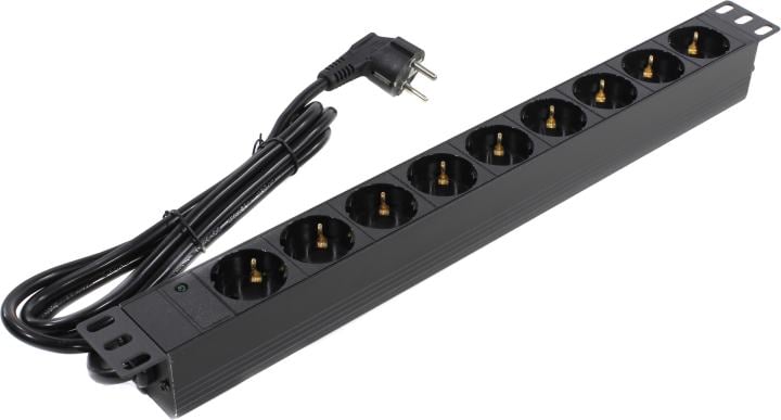 Блок розеток горизонтальный ExeGate ServerPro PDU-19H903 Al-9S-EU2, 19", 1U, Алюминий, 9 Schuko, кабель с евровилкой VDE-250V-16A-3*1.5мм2, 2 метра, черный