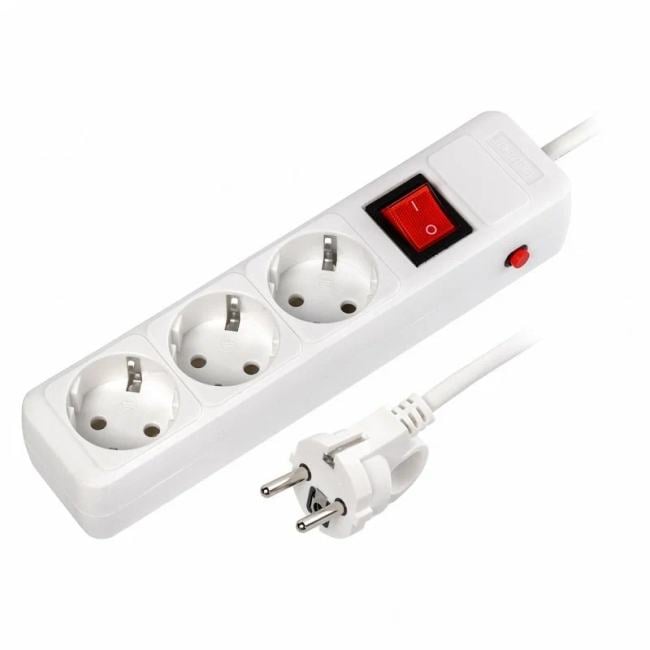SBSP-3-50-W Сетевой фильтр 16А, 3500 Вт, 3 гнезда, без з/ш, с з/к, ПВС 3x1.0, 5 м, белый (SBSP-3-50-W)