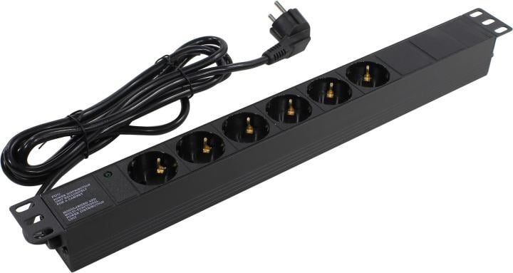 Блок розеток горизонтальный ExeGate ServerPro PDU-19H603 Al-6S-EU2.5, 19", 1U, Алюминий, 6 Schuko, кабель с евровилкой VDE-250V-16A-3*1.5мм2, 2.5 метра, черный