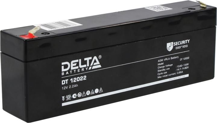 Батарея DELTA серия DT, DT 12022, напряжение 12В, емкость 2.2Ач (разряд 20 часов),  макс. ток разряда (5 сек.) 44А, макс. ток заряда 0.66А, свинцово-кислотная типа AGM, клеммы F1, ДxШxВ 179х35х61мм., вес 0.94кг., срок службы 5 лет./ Battery DELTA series DT, DT 12022, voltage 12V, capacity 2.2Ah (discharge 20 hours), max. discharge current (5 sec.) 44A, max. charge current 0.66A, lead-acid type AGM, terminals F1, LxWxH 179x35x61mm., weight 0.94kg., service life 5 years.