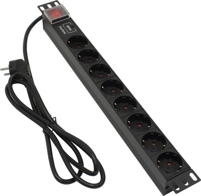 Блок розеток горизонтальный ExeGate ServerPro PDU-19H807 Al-8S-EU2-SW-SPD1, 19", 1U, Алюминий, 8 Schuko, кабель с евровилкой VDE-250V-16A-3*1.5мм2, 2 метра, выкл. с подсветкой, SPD1, черный
