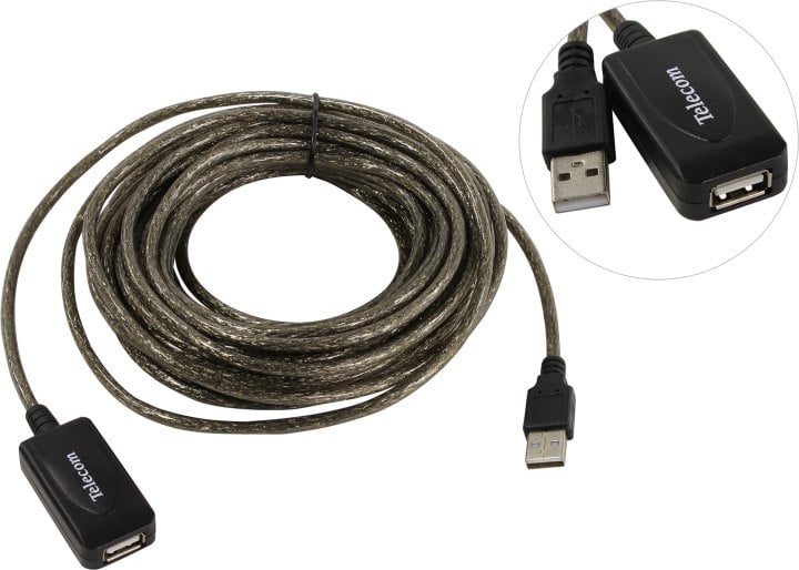 Telecom <TUS7049-10м> Кабель удлинительный активный USB  2.0-repeater A-->A 10м