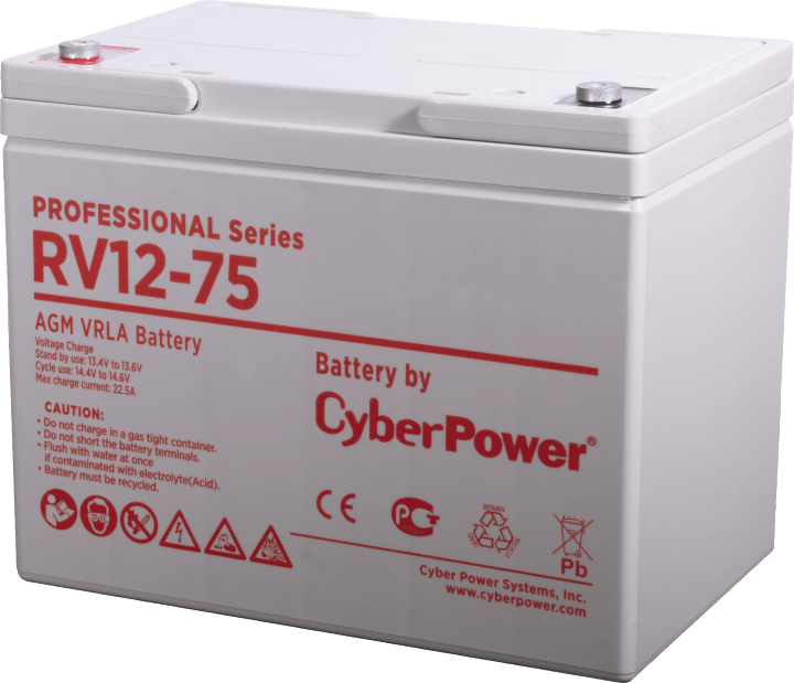АКБ CyberPower AGM battery for UPS, RV 12-75 / 12 V 75 Ah, М6, 258х168х208mm., Height with terminals 214mm, 24,8kg., 10-year service life