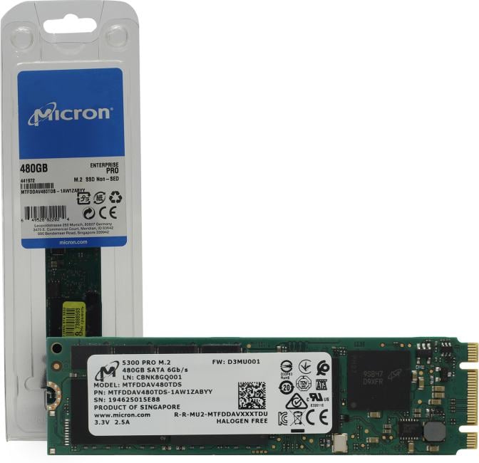 Твердотельный накопитель Micron 5300PRO 480GB SATA M.2(22x80mm) 3D TLC R540/W410MB/s MTTF 3М 85000/36000 IOPS 1324TBW SSD Enterprise Solid State Drive, 1 year, OEM