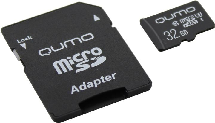Флеш карта QUMO MicroSDHC 32Gb Сlass 10 UHS-I U3,3.0, адаптер в комплекте SD, черно-красная картонная упаковка (QM32GMICSDHC10U3)