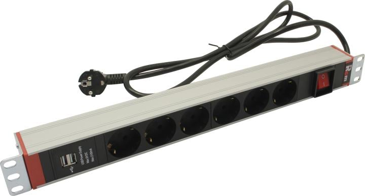 R-16-6S-V-U-440-1.8 Блок распределения питания Rem Rem-16 18м Schuko х6 USB х1 485х45х45 мм(ВхШхГ) 16А 1ф подкл Schuko выключатель алюминий