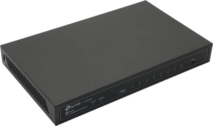TP-Link JetStream™ 8-Port Gigabit Smart Switch. PORT: 8× Gigabit RJ45 Ports including 1 PoE IN Port. SPEC: Desktop Steel Case. FEATURE: Integration with Omada SDN Controller, Static Routing, 802.1Q VLAN, STP/RSTP/MSTP, IGMP Snooping, 802.1p/DSCP QoS, ACL, 802.1x, Radius/Tacacs+ Authentication, LACP, CLI, SNMP, Dual Image, IPv6 (SG2008)