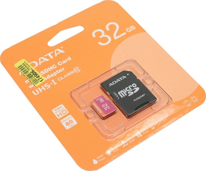 ADATA Premier (AUSDH32GUICL10-RA(1)) microSDHC Memory Card 32Gb UHS-I  U1  + microSD--)SD  Adapter