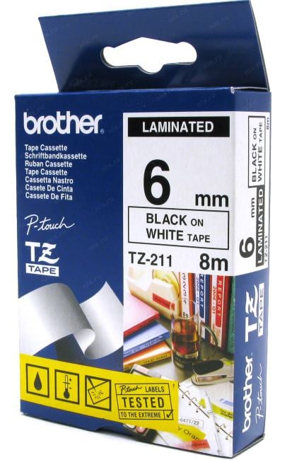 Brother <TZ(e)-211> ламинированная лента для печати этикеток (ширина 6мм, 8м,  чёрный на белом)