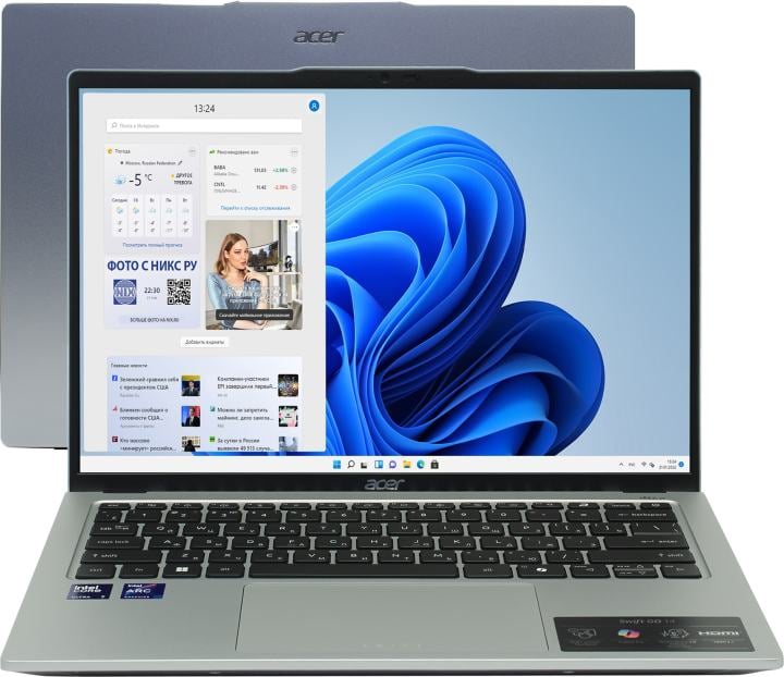 Ноутбук Acer Swift Go 14 SFG14-73-77U8 Core Ultra 7 155H 16Gb SSD1Tb Intel Arc 14" IPS 2.8K (2880x1800) Windows 11 Home silver WiFi BT Cam (NX.KV4CD.001)
