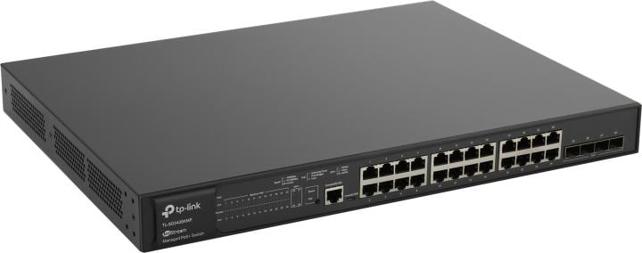 TP-Link JetStream™ 24-Port Gigabit and 4-Port 10GE SFP+ L2+ Managed Switch with 24-Port PoE+. PORT: 24× Gigabit PoE+ Ports, 4× 10G SFP+ Slots, RJ45/Micro-USB Console Port. SPEC: 802.3at/af, 384 W PoE Power, 1U 19-inch Rack-mountable Steel Case. FEATURE: Integration with Omada SDN Controller,Static Routing, OAM, DDM, sFlow, 802.1Q VLAN, QinQ, STP/RSTP/MSTP, IGMP Snooping, 802.1p/DSCP QoS, ACL, 802.1x, Radius/Tacacs+ Authentication, LACP, CLI, SNMP, Dual Image/Configuration, IPv6 (SG3428XMP)