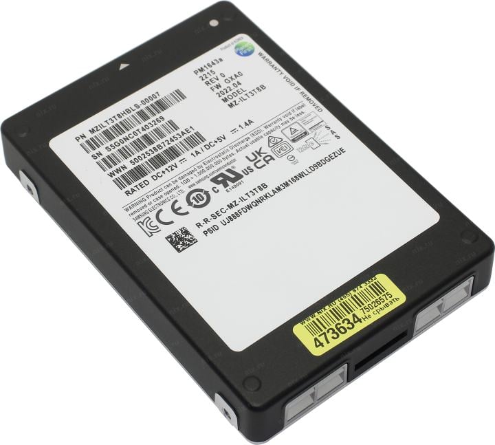 твердотельный накопитель Samsung Enterprise SSD, 2.5"(SFF) 15mm, PM1643a, 3840GB (3.84TB), SAS 12Gb/s, R2100/W2000Mb/s, IOPS(R4K) 450K/90K, MTBF 2M, 1DWPD/5Y, TBW 7008TB, OEM (repl. MZILS3T8HMLH/MZILT3T8HALS-00007)