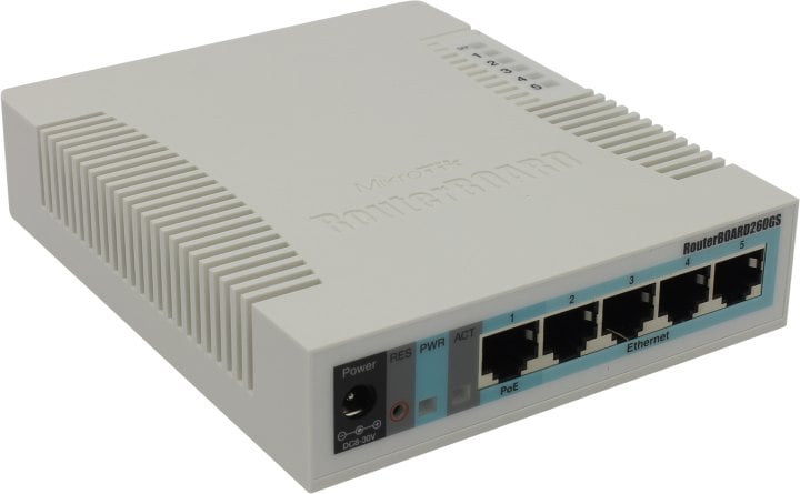Маршрутизатор MIKROTIK RB260GS CSS106-5G-1S (r2) 5-port Gigabit smart switch with SFP cage, SwOS, plastic case, PSU {20}, (002310)