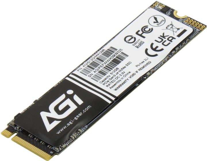 Накопитель SSD AGI AI298, 512Gb, PCIe 3.0 x4, M.2 2280, NVMe, R/W 2200/1300