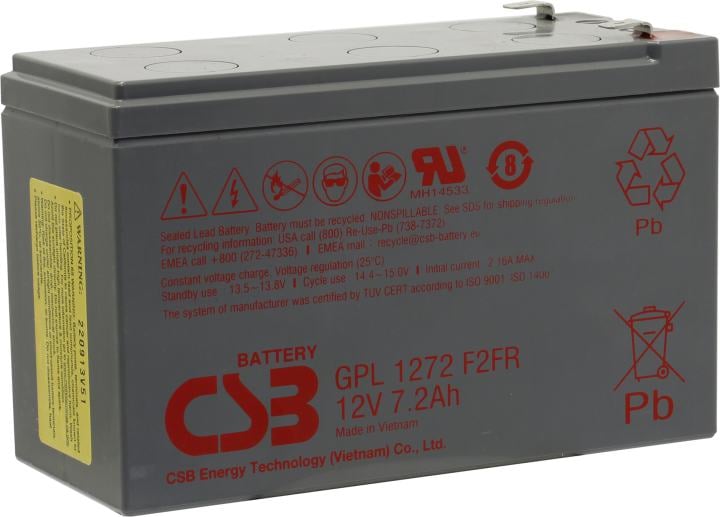 Батарея CSB серия GP, GPL1272 F2 FR, напряжение 12В, емкость 7.2Ач (разряд 20 часов), макс. ток разряда (5 сек.) 130А, ток короткого замыкания 265А, макс. ток заряда 2.16A, свинцово-кислотная типа AGM, клеммы F2, ДxШxВ 150.9x64.8x98.6мм., вес 2.6кг., срок/ Battery CSB series GP, GPL1272 F2 FR, voltage 12V, capacity 7.2Ah (discharge 20 hours), max. discharge current (5 sec.) 130A, short circuit current 265A, max. charge current 2.16A, lead-acid type AGM, terminals F2, LxWxH 150.9x64.8x98.6mm., we