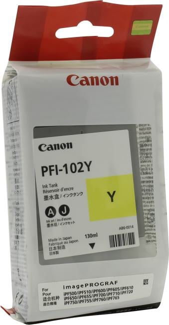 Чернильный контейнер Canon PFI-102Y Yellow для iPF500/510/600/605/610/650/655/700/710/720/750/755/760/765