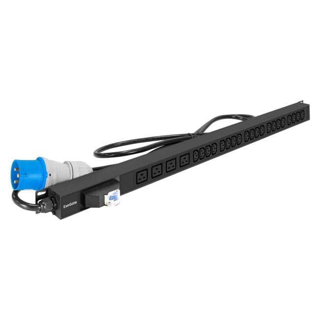 Блок розеток вертикальный ExeGate ServerPro PDU-V420 Al-20C134C19-IEC309-32A-1P (19", 1U, Алюминий, 20 IEC 320 C13, 4 IEC 320 C19, IEC 60309 32A (2P+E), VDE-250V-32A-3*4мм2, 3 метра, автомат защиты, черный, RTL)