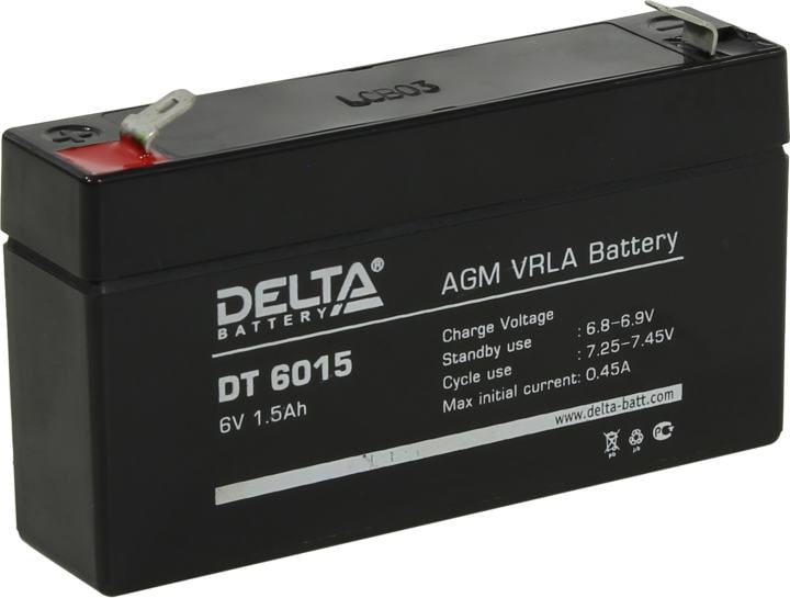 Батарея DELTA серия DT, DT 6015, напряжение 6В, емкость 1.5Ач (разряд 20 часов),  макс. ток разряда (5 сек.) 18А, макс. ток заряда 0.45А, свинцово-кислотная типа AGM, клеммы F1, ДxШxВ 97х24х51мм., вес 0.3кг., срок службы 5 лет./ Battery DELTA series DT, DT 6015, voltage 6V, capacity 1.5Ah (discharge 20 hours), max. discharge current (5 sec.) 18A, max. charge current 0.45A, lead-acid type AGM, terminals F1, LxWxH 97x24x51mm., weight 0.3kg., service life 5 years.