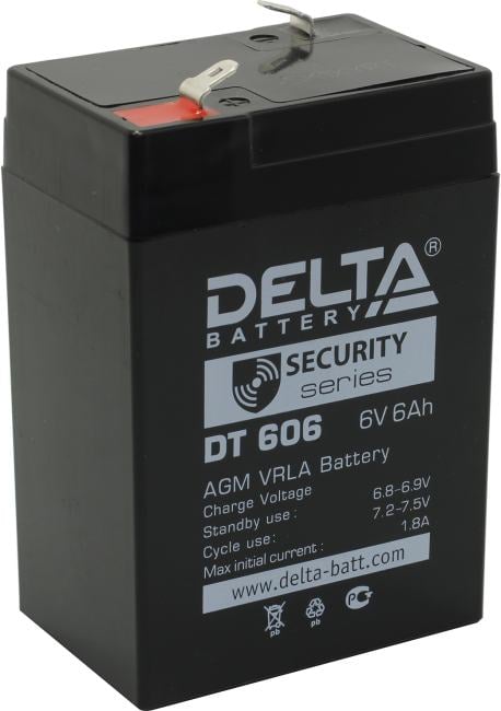 Батарея DELTA серия DT, DT 606, напряжение 6В, емкость 6Ач (разряд 20 часов),  макс. ток разряда (5 сек.) 90А, макс. ток заряда 1.8А, свинцово-кислотная типа AGM, клеммы F1, ДxШxВ 70х48х101мм., вес 0.81кг., срок службы 5 лет./ Battery DELTA series DT, DT 606, voltage 6V, capacity 6Ah (discharge 20 hours), max. discharge current (5 sec.) 90A, max. charge current 1.8A, lead-acid type AGM, terminals F1, LxWxH 70x48x101mm., weight 0.81kg., service life 5 years.