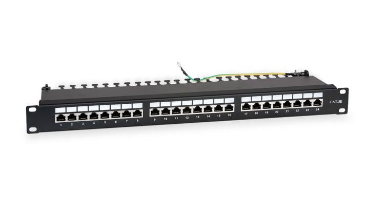 WRline WR-PL-24-C5E-SH-D Патч-панель 19"(1U), 24 порта RJ-45 полностью экранированная, категория 5e, Dual IDC, цвет чер