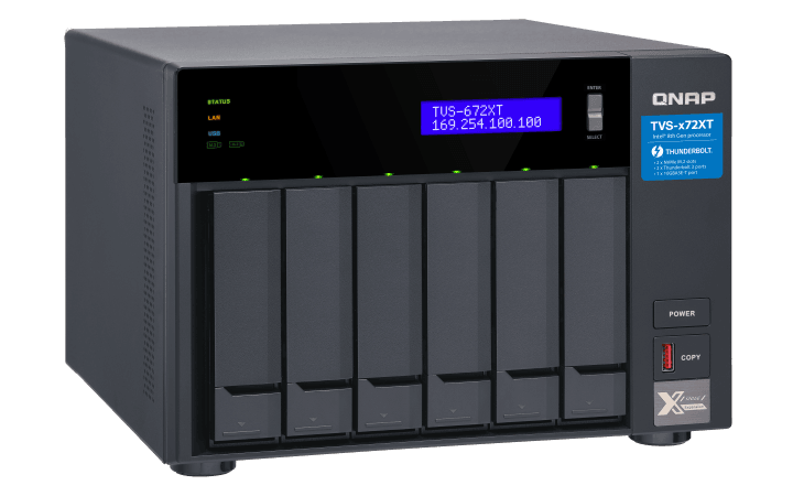 Сетевое хранилище без дисков SMB QNAP TVS-672XT-i3-8G 6-Bay NAS, Intel Core i3-8100T 4-core 3.1 GHz Processor, 8GB DDR4 RAM (max 32GB RAM), 6x 2.5"/3.5" SATA HDD/SSD + 2x M.2 PCIe SSD slot, 2xGbE LAN, 1 x 10GBase-T, 2 x Thunderbolt 3 port