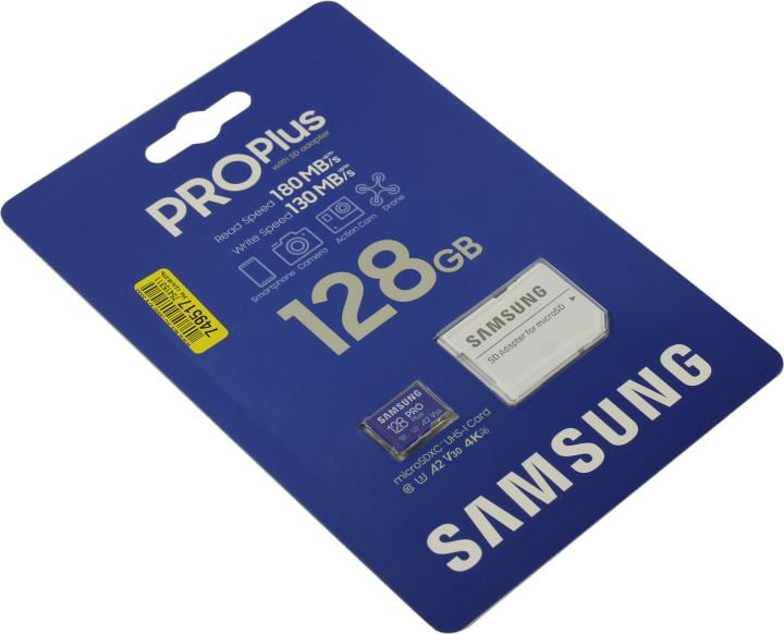 Samsung PRO Plus <MB-MD128SA/EU/KR> microSDXC Memory Card 128Gb Class10 UHS-I U3 A2 V30 + microSD--> SD Adapter