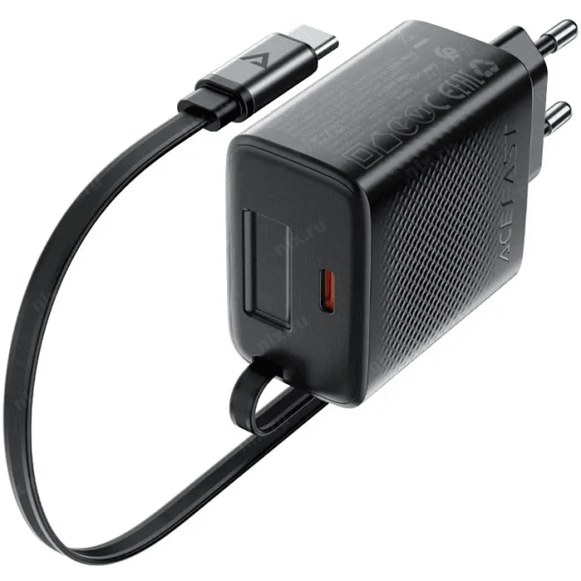 AF-A110-BK Зарядное устройство ACEFAST A110 PD 30W Gan Charger USB-C+USB-C With Retractable Cable с  кабелем. Цвет: черн