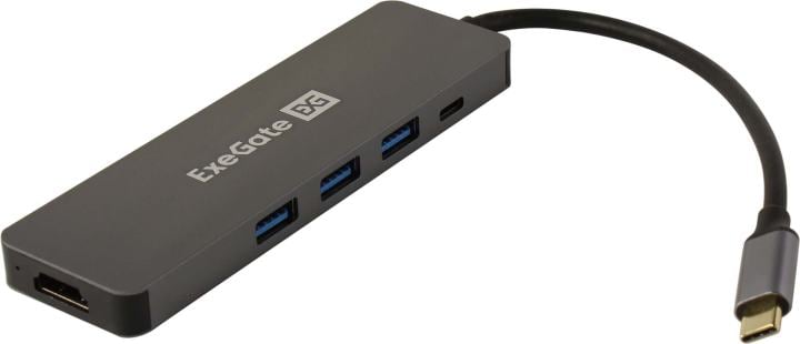Exegate EX293984RUS Док-станция ExeGate DUB-31C/PD/H (кабель-адаптер USB Type-C --> 3xUSB3.0 + PD 60W + HDMI 4K@30Hz, Plug&Play, серый)