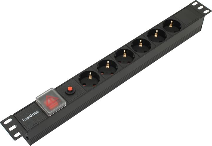 Блок розеток горизонтальный ExeGate ServerPro PDU-19H605 Al-6S-C14-SW-O, 19", 1U, Алюминий, 6 Schuko, С14, выкл. с подсветкой, защита от перегрузки, черный