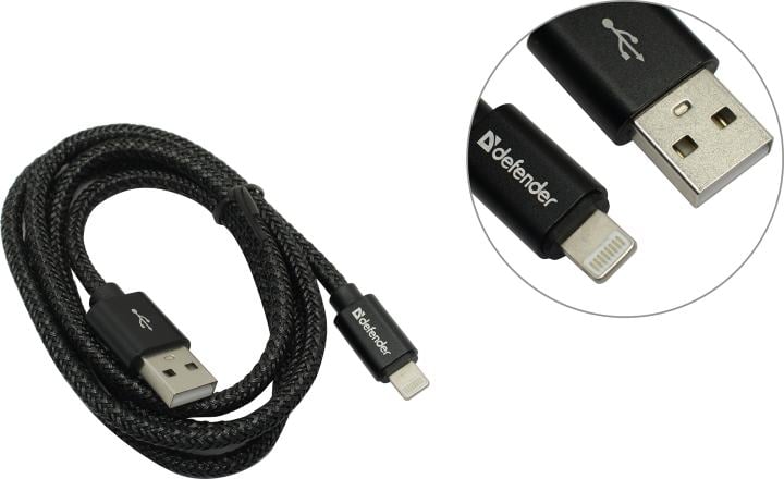 Defender Кабель USB 2.0 (AM) - Apple Lightning (M), 2.1A, 1 метр, чёрный.