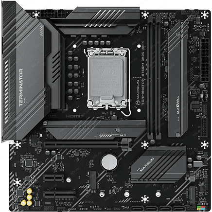 MAXSUN MS-Terminator B760M GKD5 DARK (Socket 1700, mATX, 2*DDR5, DP/HDMI, 4*SATA3, 3*M.2, 1*PCIEx16/1*PCIEx4/1*PCIEx1, LAN 1*2.5G , 6*USB2.0, 2*USB 3.2, 2*ARGB+1*RGB, black, RTL)