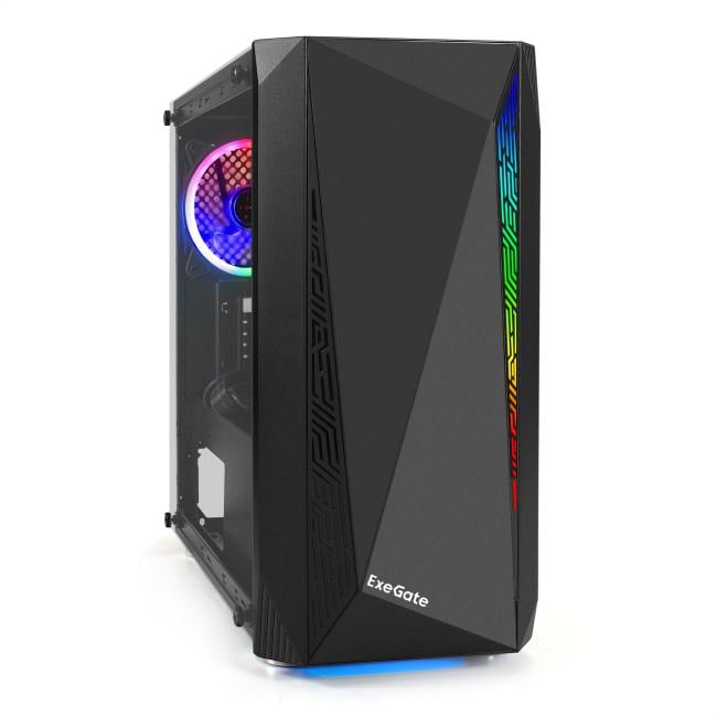 Компьютерный корпус Minitower ExeGate Mistery R2-NPX450 (mATX, БП 450NPX с вент. 12 см, 2*USB+1*USB 3.0, аудио, черный, 1 вент. 12см с RGb подсветкой и полоса на передней панели, боковая панель - закаленное стекло)