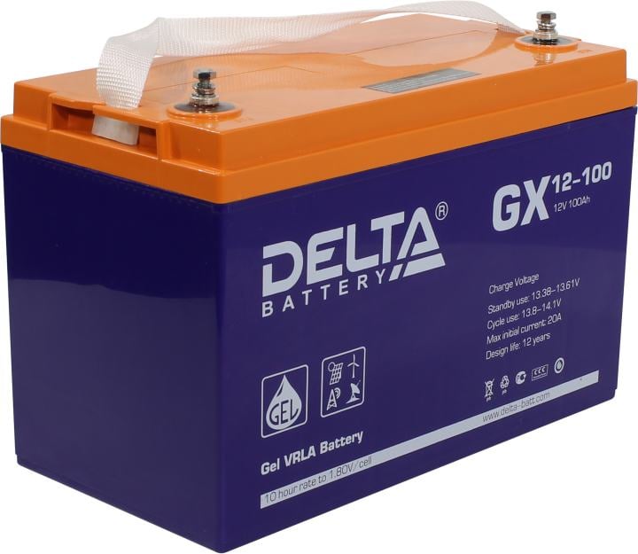 Батарея DELTA серия GX, GX 12-100, напряжение 12В, емкость 100Ач (разряд 10 часов),  макс. ток разряда (5 сек.) 900А, макс. ток заряда 20А, свинцово-кислотная типа GEL, клеммы под болт М6, ДxШxВ 330х171х215мм., вес 32кг., срок службы 15 лет./ Battery DELTA series GX, GX 12-100, voltage 12V, capacity 100Ah (discharge 10 hours), max. discharge current (5 sec.) 900A, max. charge current 20A, lead-acid GEL type, M6 bolt terminals, LxWxH 330x171x215mm, weight 32kg, service life 15 years.
