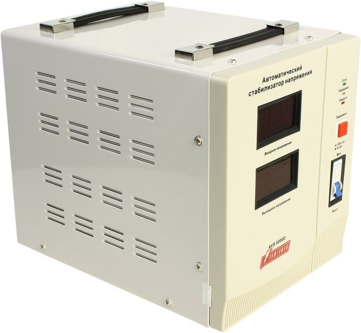 Стабилизатор POWERMAN AVS 5000D, ступенчатый регулятор, цифровые индикаторы уровней напряжения, 5000ВА, 140-260В, максимальный входной ток 24А, клеммная колодка, IP-20, напольный, 280мм х 200мм х 225мм, 8.6 кг./ Stabilizer POWERMAN AVS 5000D, step-type re