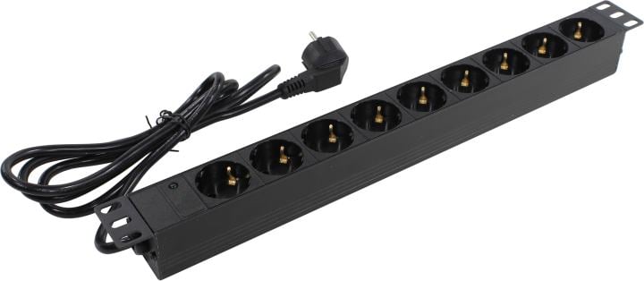 Блок розеток горизонтальный ExeGate ServerPro PDU-19H902 Al-9S-EU1.8, 19", 1U, Алюминий, 9 Schuko, кабель с евровилкой VDE-250V-16A-3*1.5мм2, 1.8 метра, черный