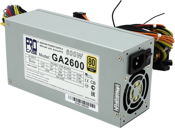 Procase GA2600 Блок питания ATX 2U  2FAN (600W), 80+ Gold, 200*100*70mm, Активный PFC,  +5B=20A, +12B=50A, +3,3B=20A, 5VSB=3.5A, -12B=0.3A, Защита от перегрузки 105-150%, Входное напряжение 160-240В